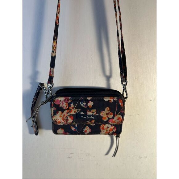 Vera Bradley RDIF anti-theft wallet crossbody black flowers 6"x4" - Picture 1 of 7